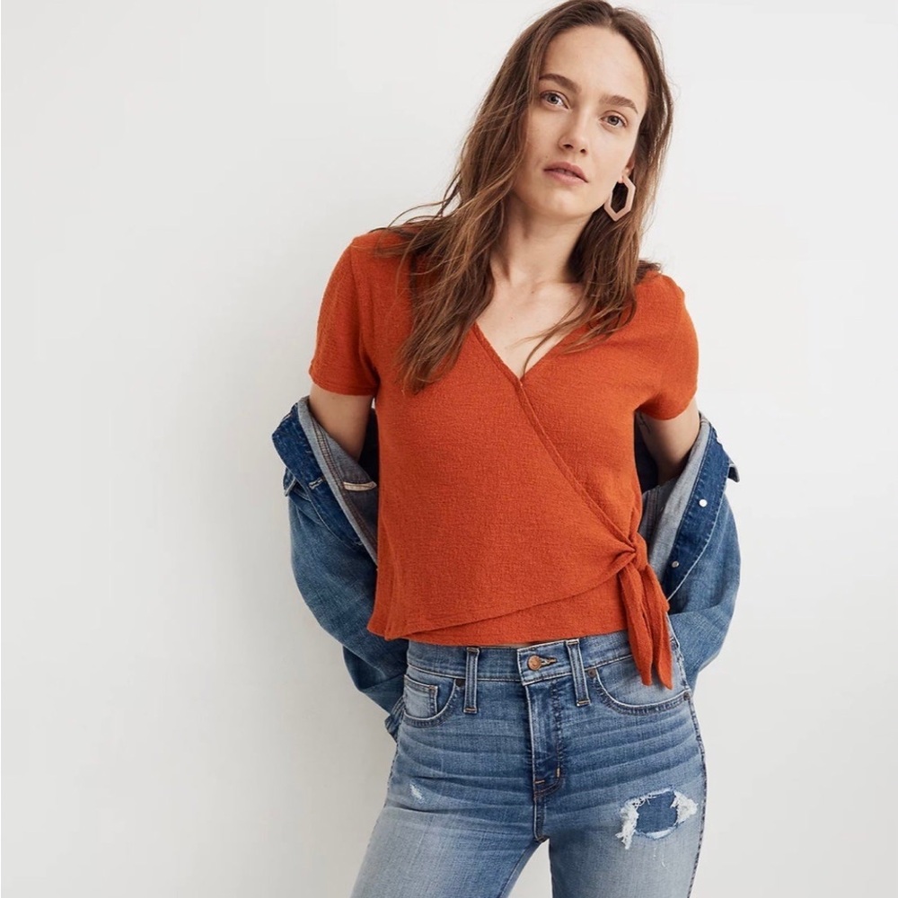 Madewell Pumpkin Texture & Thread Burnt Orange Tie Ballet Wrap Top sz Small EUC